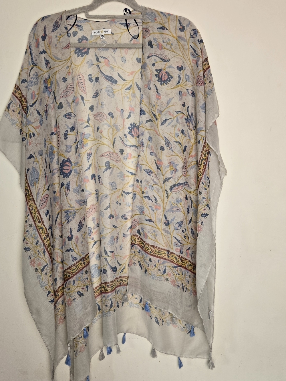 Boho Sheer Woven Heart Ivory Floral Kimono Tassels Top with Pastel Accents OSFM
